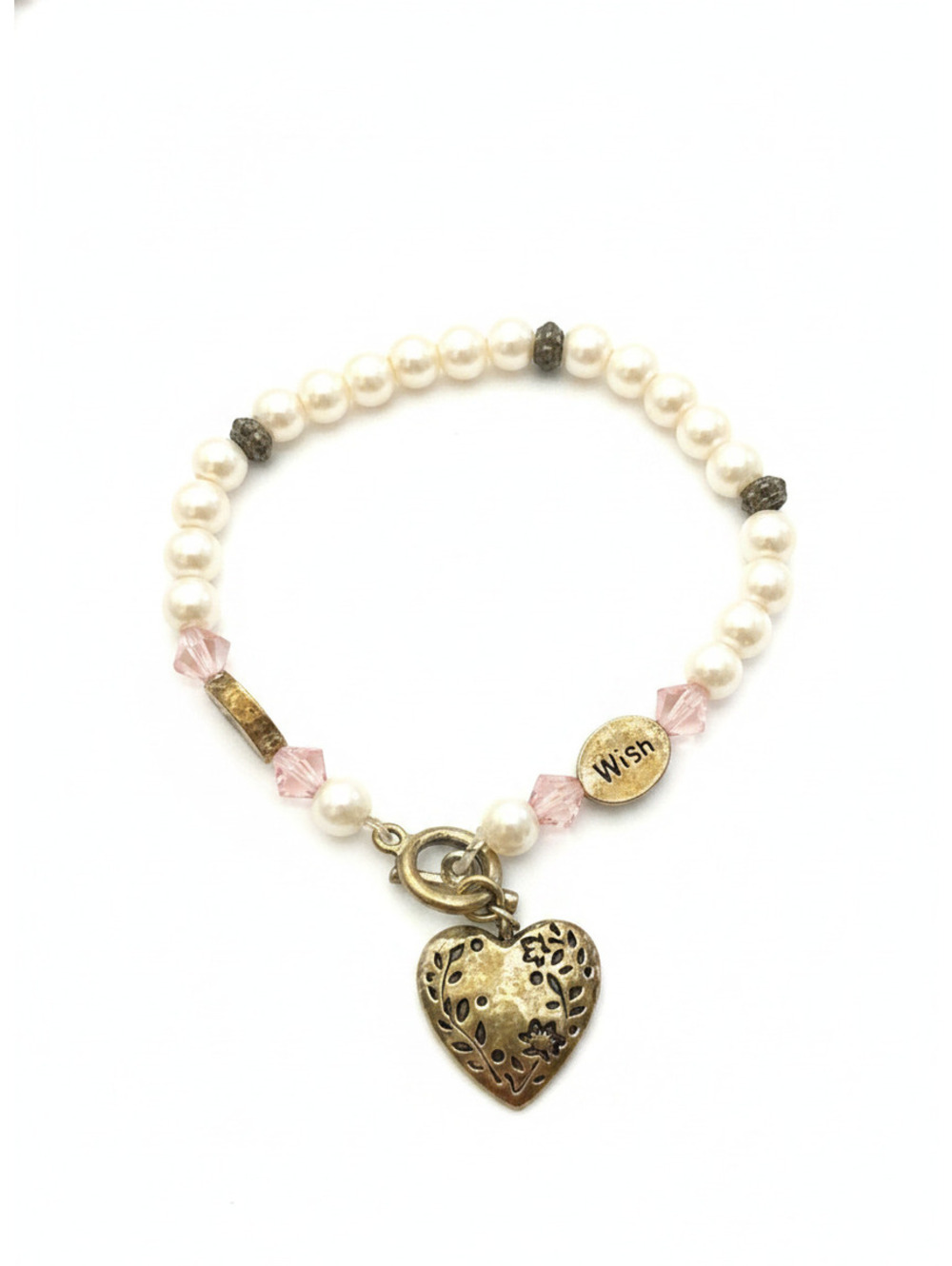 Pearl and Pink Crystal Charm Bracelet with Heart and Wish Pendant
